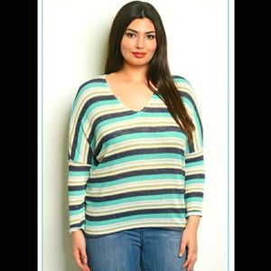 Zenobia green and blue striped top with hi-low hem size 1X